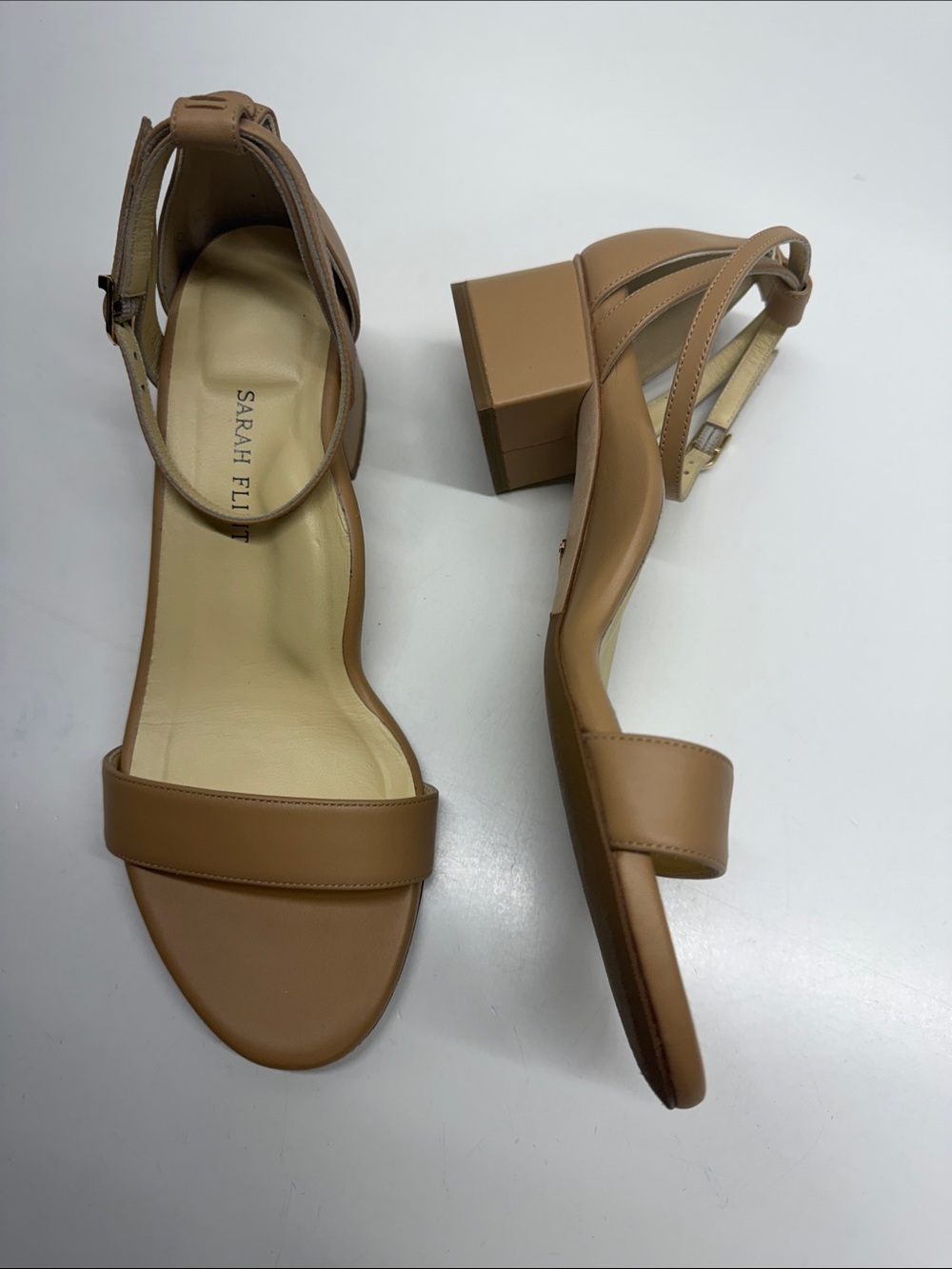 Sarah Flint Perfect Block Sandal Open Toe 30 MM Calf Leather Tan Brown Size 39